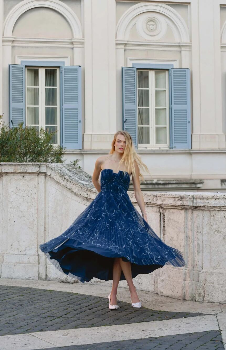 NWT Hutch Pleated Tulle Strapless Corene Gown Size 16W Navy Floral #1D601